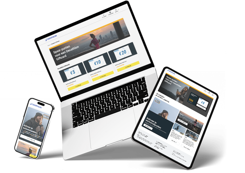 Sfeerbeeld voor het Decathlon loyaliteitsprogramma, bestaande uit een laptop, ipad en mobiel met screenshots van het Decathlon loyaliteitsprogramma platform.
