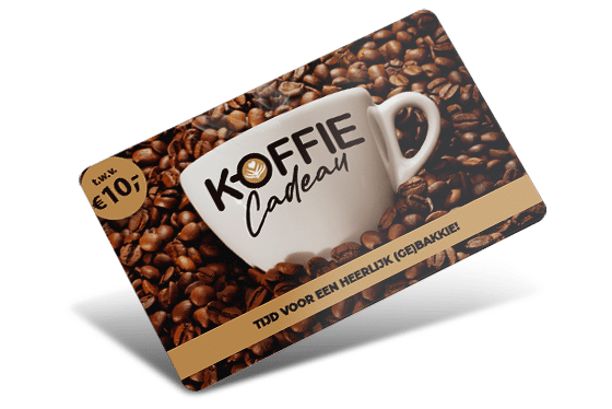 3D Koffiecadeaukaart rechts met koffiebonen en een bakje koffie waarop staat Koffie Cadeau