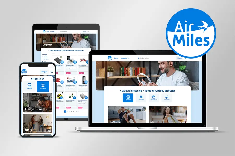 Sfeerbeeld van ipad, mobiel en laptop met beeld van het Airmiles loyaliteitsprogramma