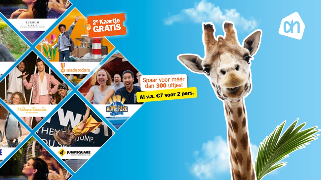 Campagnevisual met giraffe en uitjesaanbod binnen Albert Heijn spaarprogramma
