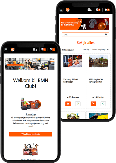 Two phones displaying a screenshot of the BMN Club shop