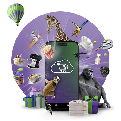 Visual van een digitaal incentive platform met smartphone en assortiment aan rewards zoals cadeaukaarten, producten en uitjes