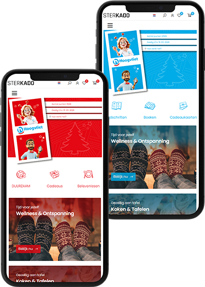 Two phones, each containing a screenshot of the Hoogvliet Supermarkets and choice voucher shop.