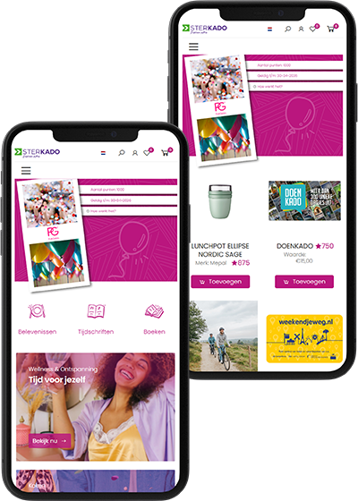 Deux téléphones sur lesquels figure une capture d'écran de la boutique « Pink Gellac Keuze Kado ».