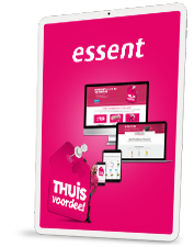 Tablette présentant le programme de fidélité « Essent Thuisvoordeel » sur fond rose, avec des captures d'écran de l'application et du site web, ainsi que le texte « Thuisvoordeel ».