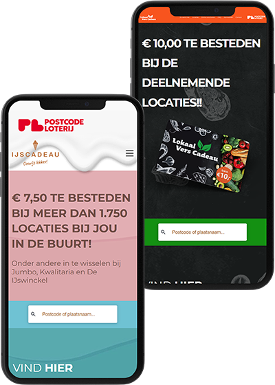Deux téléphones contenant des captures d'écran du site web de la carte-cadeau « Lokaal Verscadeaukaart » et de la carte-cadeau « IJscadeaukaart ».