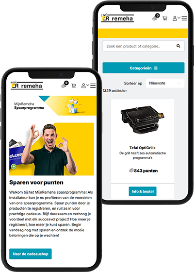 Twee telefoons met daarin screenshots van de website van de Mijn Remeha shop.