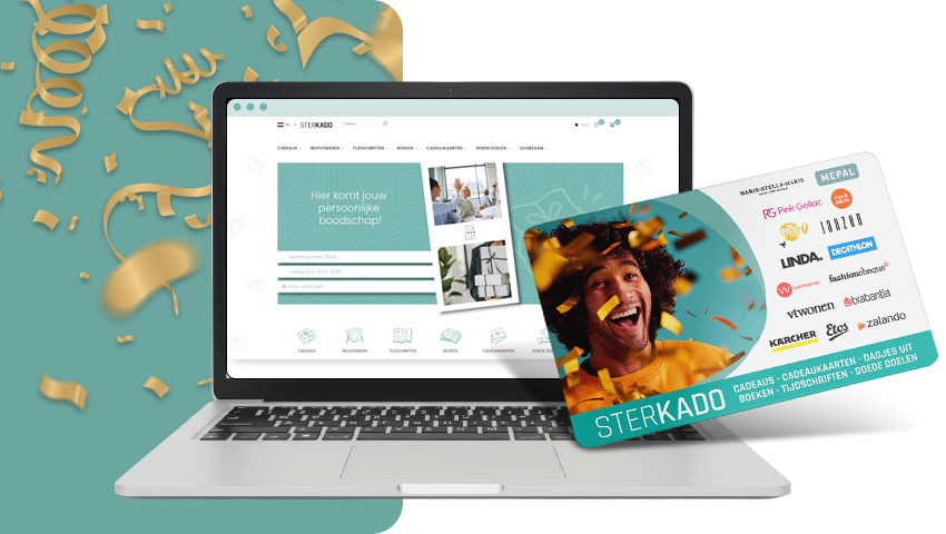 Un ordinateur portable avec la plateforme de choix Sterkado et une carte-cadeau au premier plan