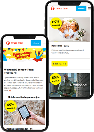 Twee telefoons met daarin een screenshot van de Tempo-Team trakteert shop.